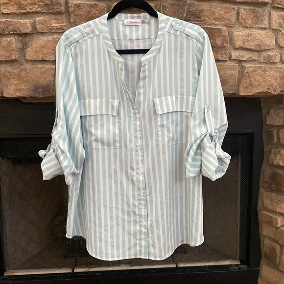 Calvin Klein Tops - Calvin Klein mint green and white striped blouse. XL